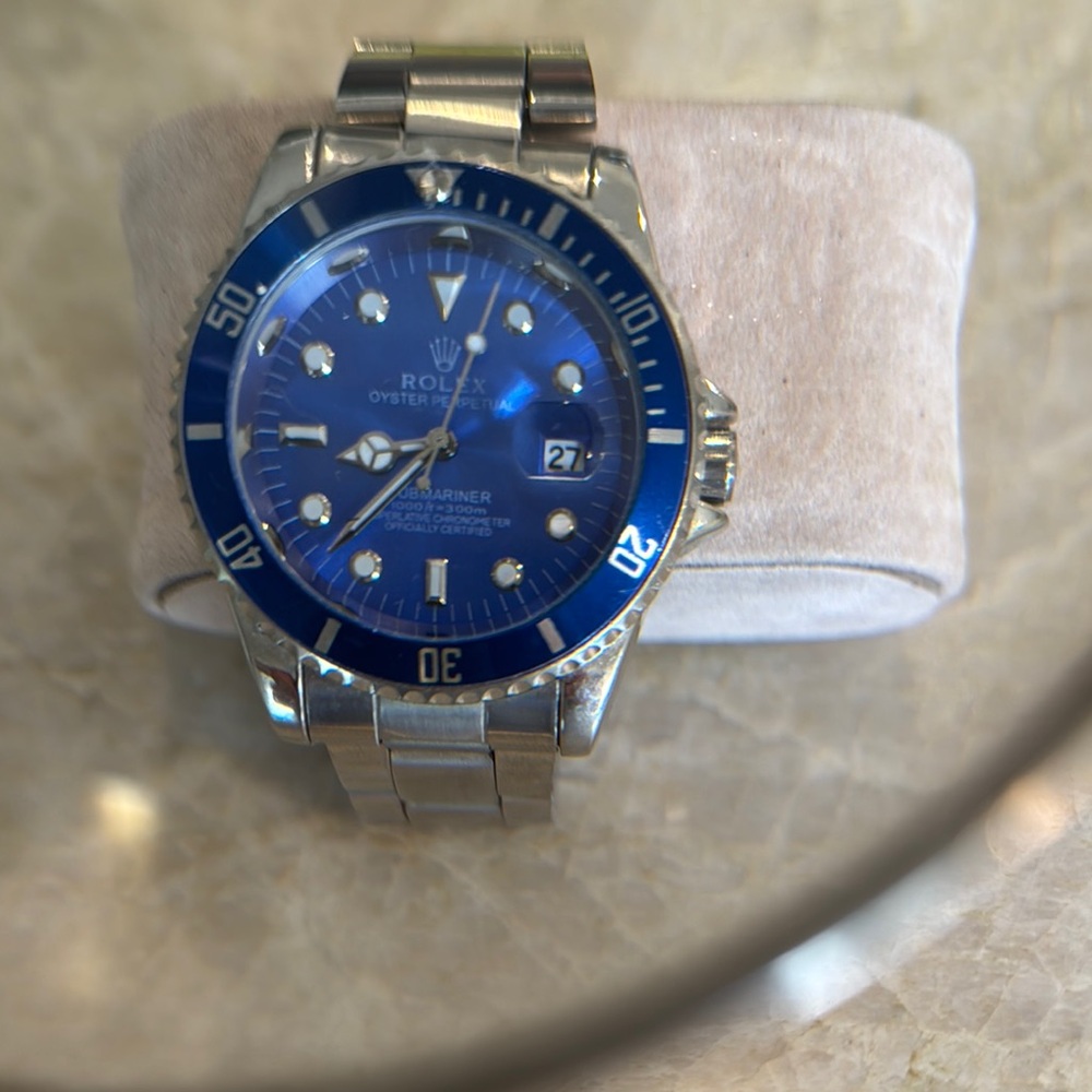 Men's Blue and Silver Watch